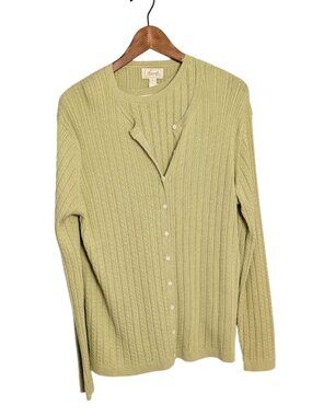 Foxcroft Women Sage Green Supima Cotton 2 Piece Cardigan Shell Set Size L Ribbed